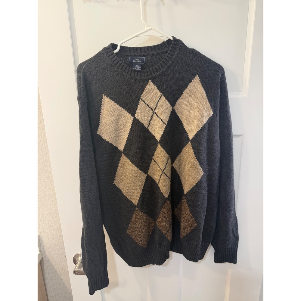 Dockers Mens Charcoal Grey Argyle Crewneck 100% Cotton Knit Sweater Size Medium